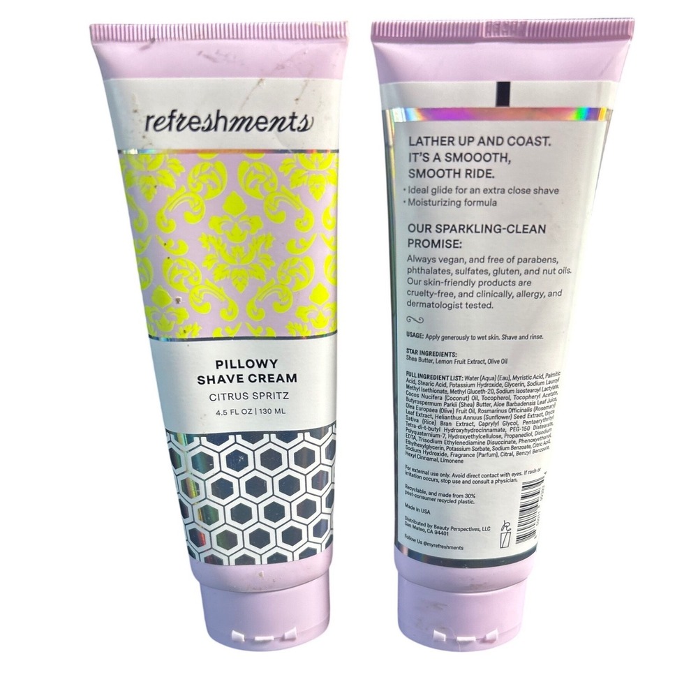Refreshments Pillowy Shave Cream Citrus Spritz 4.5 oz 2 Vegan Shaving Cream - Picture 3 of 7